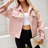 Single Breasted Lapel Shirt Jacket Jacket Pink Cropped Top