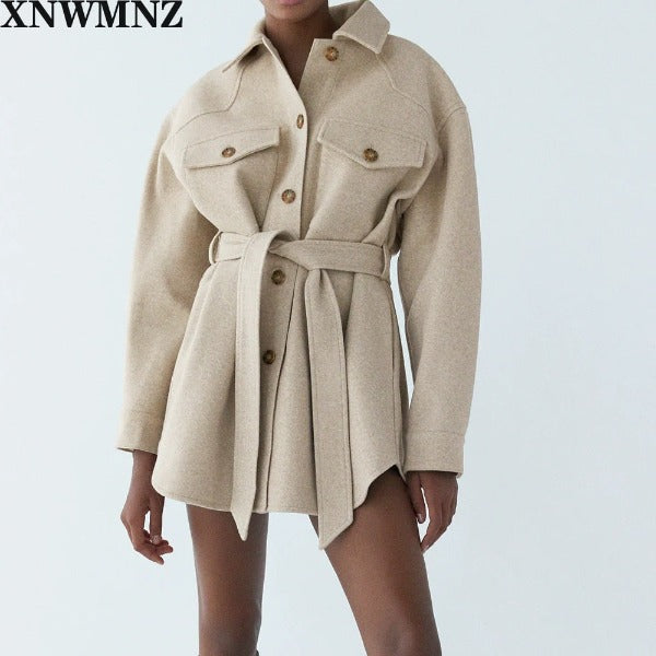 XNWMNZ Za Women Fashion With Belt Loose Woolen Jacket Coat 