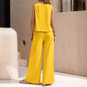 Women's casual two-piece outfit with sleeveless top and wide-leg pants set