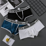Men's cotton boxer briefs in black, blue, and white featuring breathable fabric, a supportive pouch, and a comfortable elastic waistband.