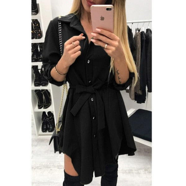 Irregular tie waist shirt dress Women autumn  wrap dress Long sleeve turn down collar short mini dresses