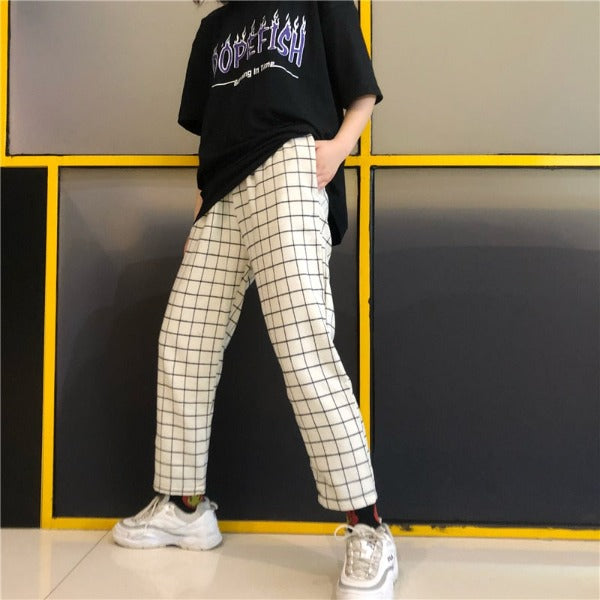 Fashion Vintage Plaid Patchwork Pants Harajuku Woman Man Trousers Elastics High Waist Pants Korean Causal Straight Pants Media 