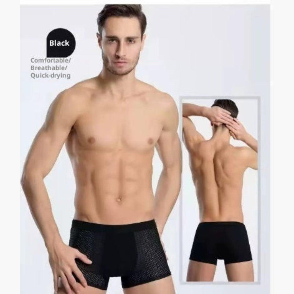 Four-pack men's boxer briefs in assorted colors.