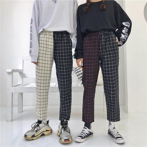 Fashion Vintage Plaid Patchwork Pants Harajuku Woman Man Trousers Elastics High Waist Pants Korean Causal Straight Pants Media 