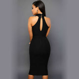 Woman wearing a black sleeveless halter neck bodycon midi dress with an elegant open-back design.