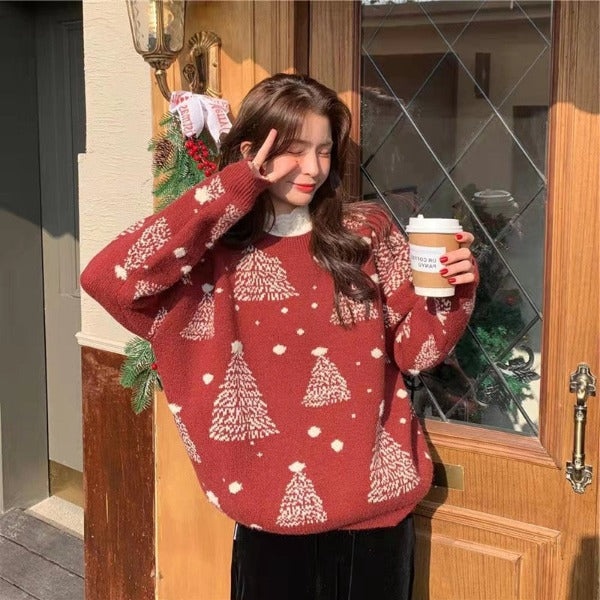 Red Christmas Tree Jacquard Warm Sweater Women 