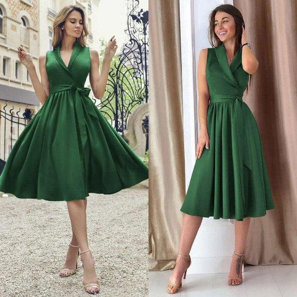 Dies Midi Dress Casual Sleeveless Belt Dress Female New - Fashionlinko