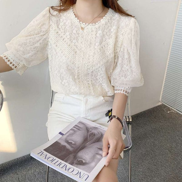 French Hollowed-out Lace Top In Pure Color With Short Sleeves - Fashionlinko