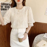 French Hollowed-out Lace Top In Pure Color With Short Sleeves - Fashionlinko