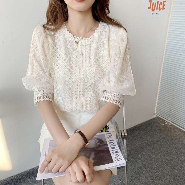 French Hollowed-out Lace Top In Pure Color With Short Sleeves - Fashionlinko