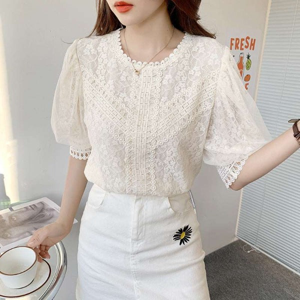 French Hollowed-out Lace Top In Pure Color With Short Sleeves - Fashionlinko