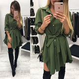 Irregular tie waist shirt dress Women autumn  wrap dress Long sleeve turn down collar short mini dresses