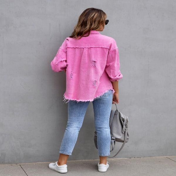 Fashion Ripped Shirt Jacket Female Autumn And Spring Casual Tops Womens Clothing fashionlinko.com