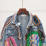 Spring Women Streetwear Patch Denim bomber Jacket Female Personality Short Diamonds Jacket Tassel Jean Coat 