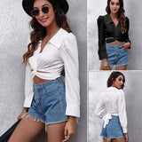 Front Cross Back Tie Puff Sleeve Short Shirt Women Doll Collar Long Sleeve Shirt Chiffon Shirt Media 