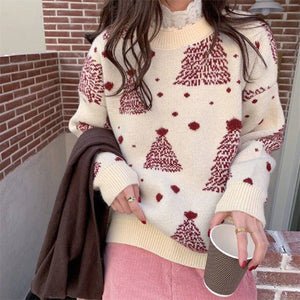 Red Christmas Tree Jacquard Warm Sweater Women Media 