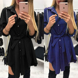 Irregular tie waist shirt dress Women autumn  wrap dress Long sleeve turn down collar short mini dresses