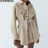 XNWMNZ Za Women Fashion With Belt Loose Woolen Jacket Coat 