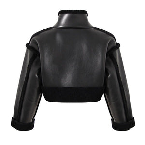 Black Leather Big Size Thick Short Jacket New Stand Collar Long Sleeve Women Coat Fashion Spring Autumn