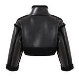 Black Leather Big Size Thick Short Jacket New Stand Collar Long Sleeve Women Coat Fashion Spring Autumn