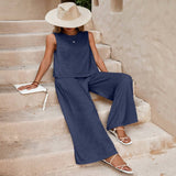 Women's casual two-piece outfit with sleeveless top and wide-leg pants set
