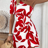 Woman wearing a white and red floral puff sleeve summer midi dress