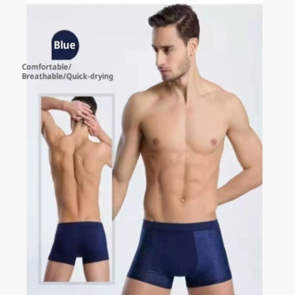 Four-pack men's boxer briefs in assorted colors.
