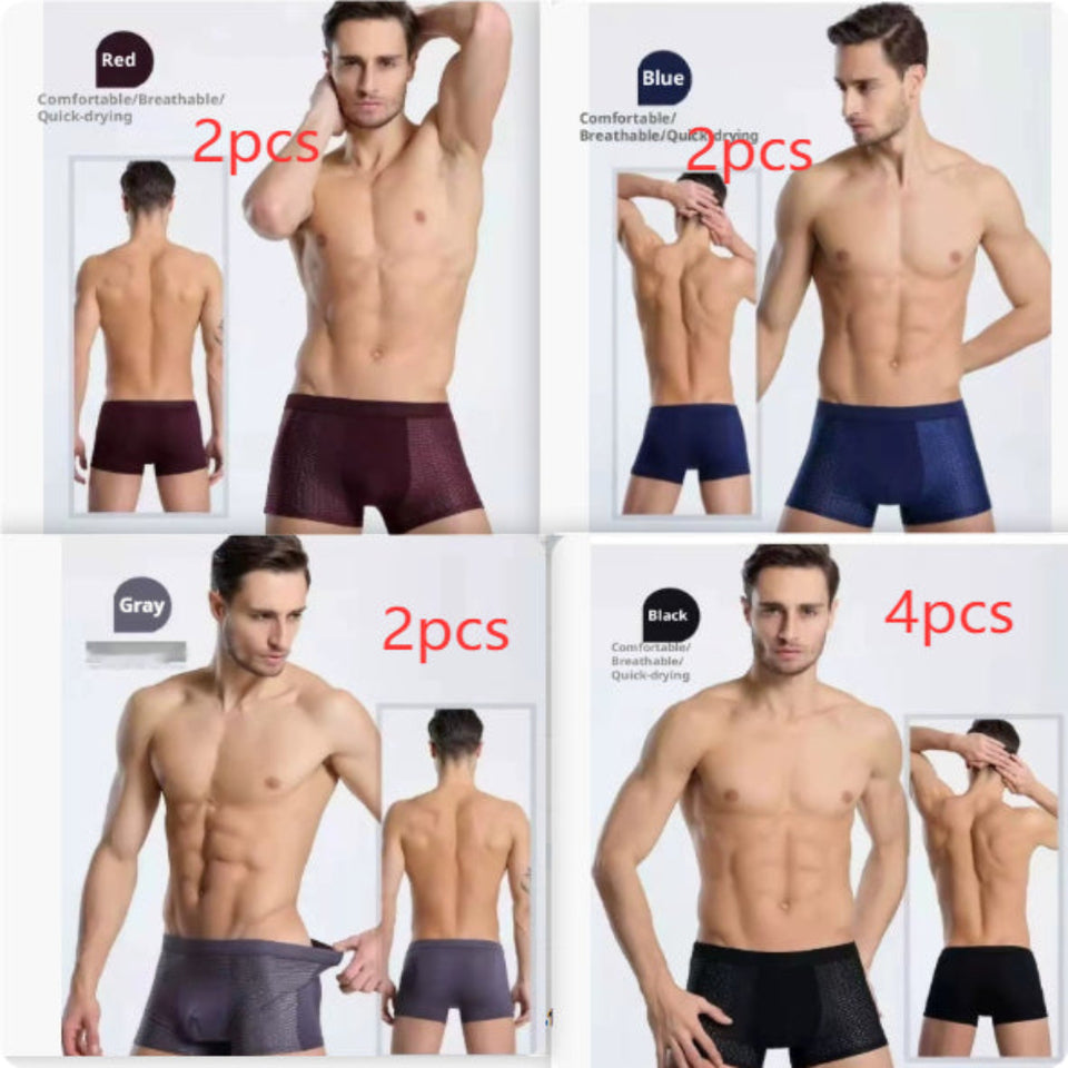 Four-pack men's boxer briefs in assorted colors.