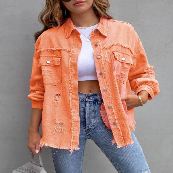 Fashion Ripped Shirt Jacket Female Autumn And Spring Casual Tops Womens Clothing fashionlinko.com