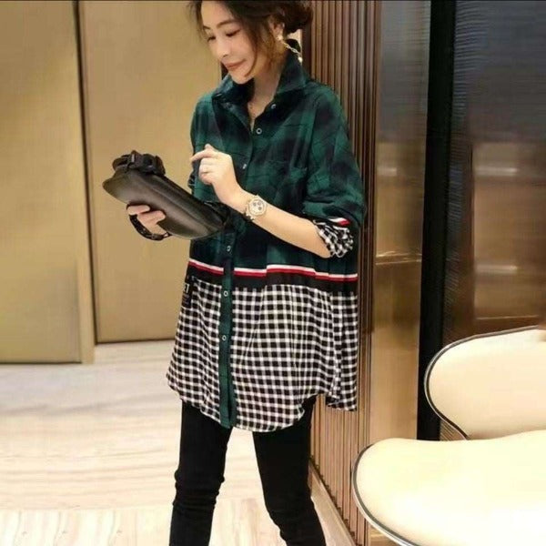 Stitching Plaid Shirt Women Fake Two-piece Tops Tide Western Style - Fashionlinko