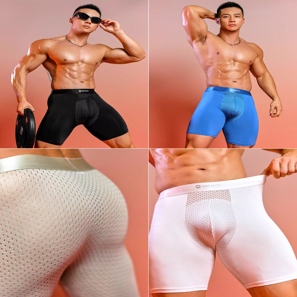 Male model wearing blue men's extended ice silk sports boxer briefs with breathable quick-dry compression fabric.