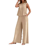 Women's casual two-piece outfit with sleeveless top and wide-leg pants set