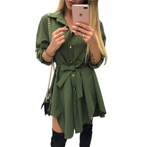 Irregular tie waist shirt dress Women autumn  wrap dress Long sleeve turn down collar short mini dresses