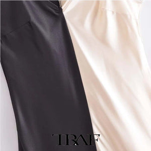 Women Dress Fashion New Silk Texture Double Sleeveless Midi Suspender Dress Woman Female Dress