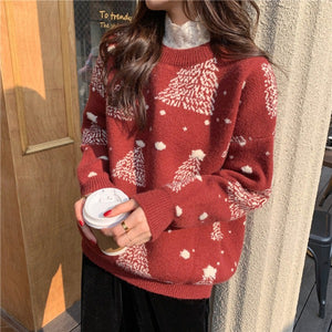 Red Christmas Tree Jacquard Warm Sweater Women 