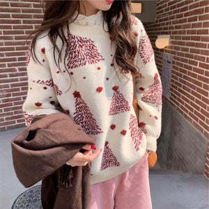 Red Christmas Tree Jacquard Warm Sweater Women 