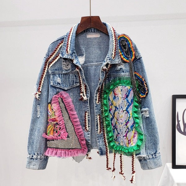 Spring Women Streetwear Patch Denim bomber Jacket Female Personality Short Diamonds Jacket Tassel Jean Coat 