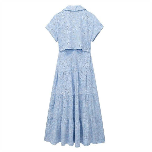 Chic Embroidery Shirt Dress Woman Blue