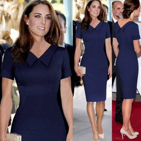 Catherine Elizabeth Middleton Princess Kate Pencil Dress Women Elegant Celebrity Peter Pan Collar Short Sleeve Work Office Dress