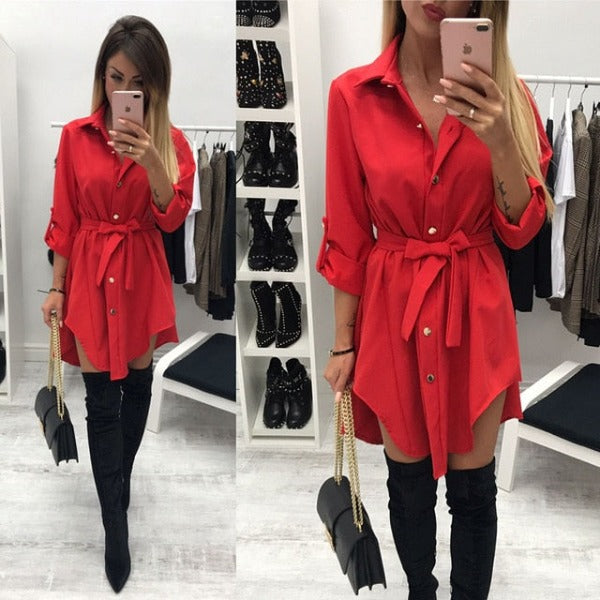 Irregular tie waist shirt dress Women autumn  wrap dress Long sleeve turn down collar short mini dresses