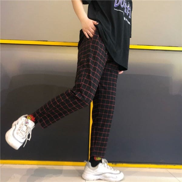 Fashion Vintage Plaid Patchwork Pants Harajuku Woman Man Trousers Elastics High Waist Pants Korean Causal Straight Pants Media 