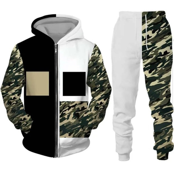 Camo Color Block Patchwork Print Mens Zipper Tracksuit Set Casual fashionlinko.com