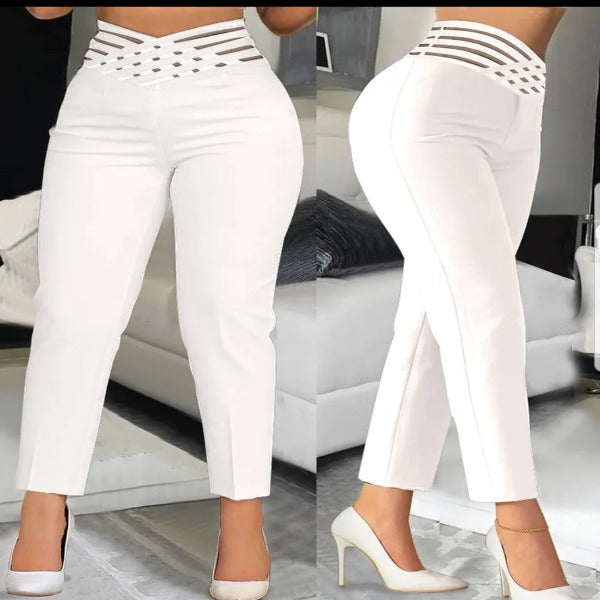 Summer Pants For Women loose Fashion overlap waist Hollow Out Work Pants spliced Solid Color Thin Feet Caprice Office Lady - Fashionlinko.com