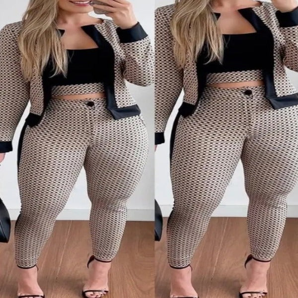 Two piece Set women Outfit Spring Fashion Plaid Print Contrast Paneled Open Front Long Sleeve Coat &Elegant skinny pants Set - Fashionlinko.com