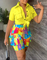 2PCS SET WOMEN OUTFIT SUMMER FASHION TURN- DOWN COLLAR SHORT SLEEVE TIED DETAIL TOP Fashionlinko.com