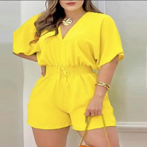 Jumpsuit Women 2023 summer Fashion Batwing Sleeve Shirred Waist Casual Plain V-Neck Short Sleeve Above Knee Romper Street Wear fashionlinko.com