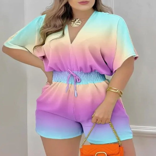 Jumpsuit Women 2023 summer Fashion Batwing Sleeve Shirred Waist Casual Plain V-Neck Short Sleeve Above Knee Romper Street Wear fashionlinko.com