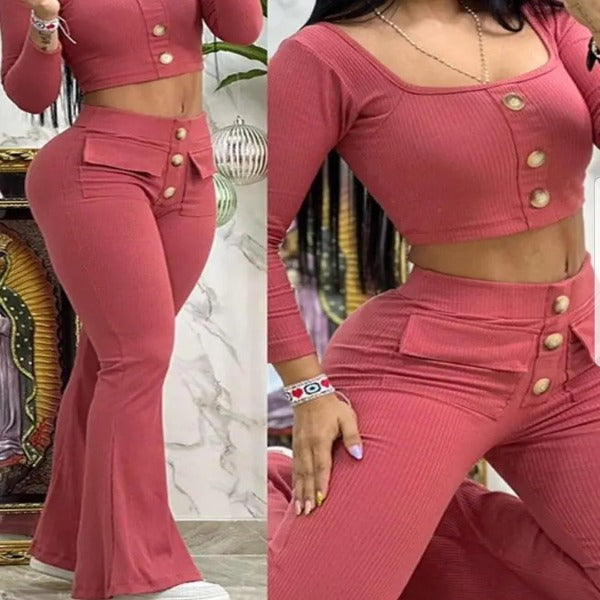 Two pieces Set Women Outfit Summer Fashion Square Neck Long Sleeve Bottoned Top &pocket Design Design high waist Flared Pants Set - Fashionlinko.com