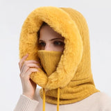 Winter Fur Cap Mask Set Hooded For Women Knitted Cashmere Neck Warm Balaclava ski Windproof Hat Thick Plush Fluffy Beanies Hood - Fashionlinko.com