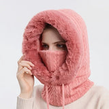 Winter Fur Cap Mask Set Hooded For Women Knitted Cashmere Neck Warm Balaclava ski Windproof Hat Thick Plush Fluffy Beanies Hood - Fashionlinko.com